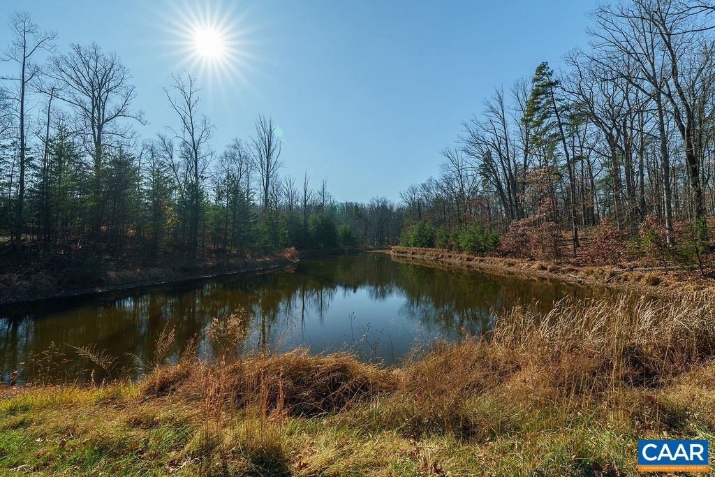 a view of a lake with a yard and large trees
