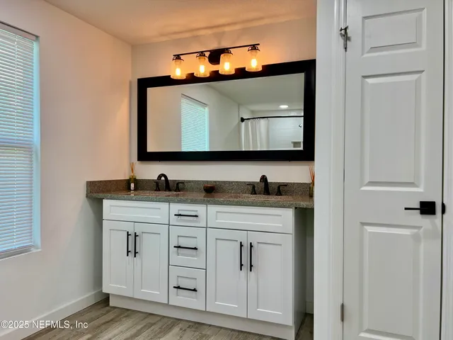 a view of a backyard with plants and trees