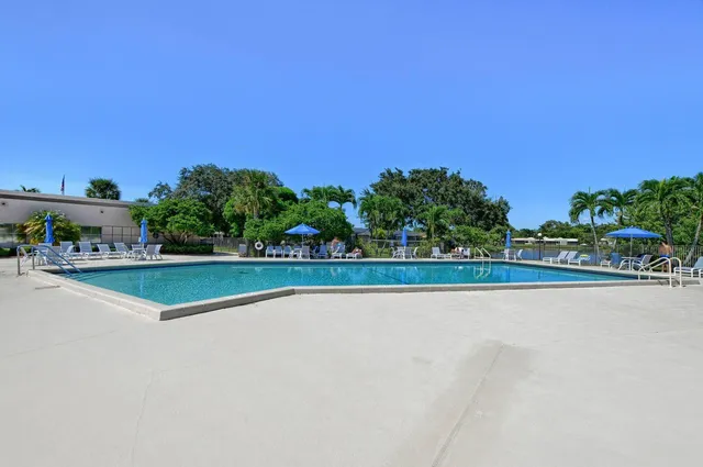 a view of a swimming pool with a yard and trees
