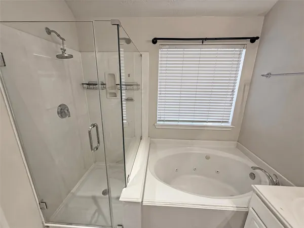 a bathroom with a bathtub and shower