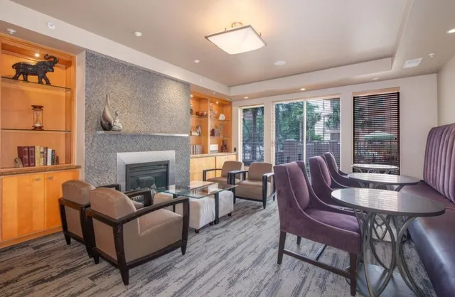 a living room with furniture a fireplace and a floor to ceiling window