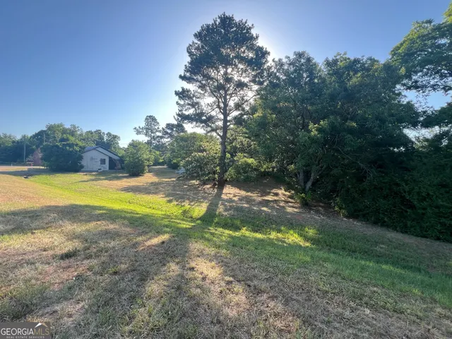a view of a swimming pool and trees in the background