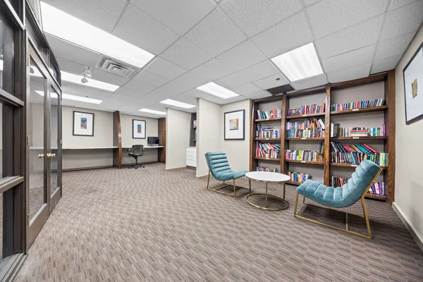 a living room with furniture and a book shelf