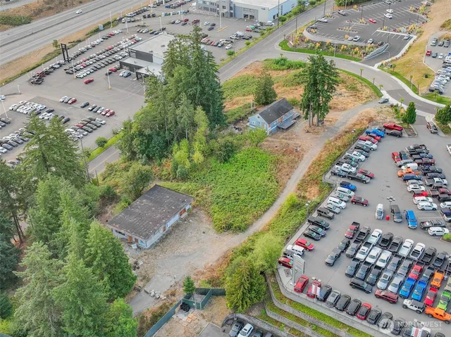 an aerial view of a house a yard and mountain view in back