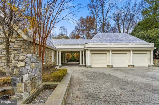 a view of a yard with swimming pool and trees
