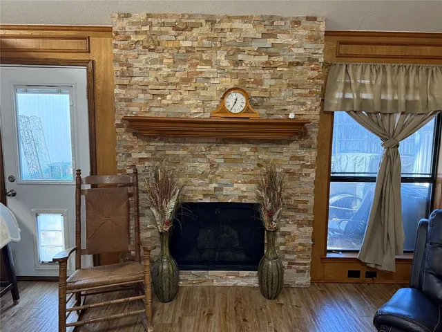a living room with a fireplace