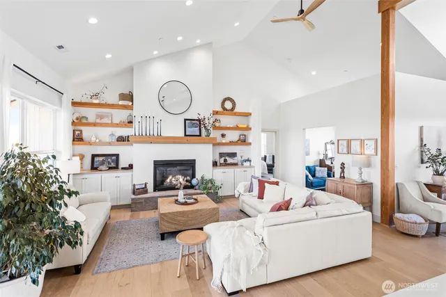a living room with furniture a fireplace and a potted plant