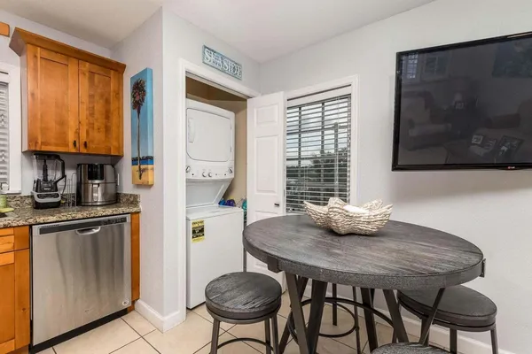 a view of a dining room with furniture