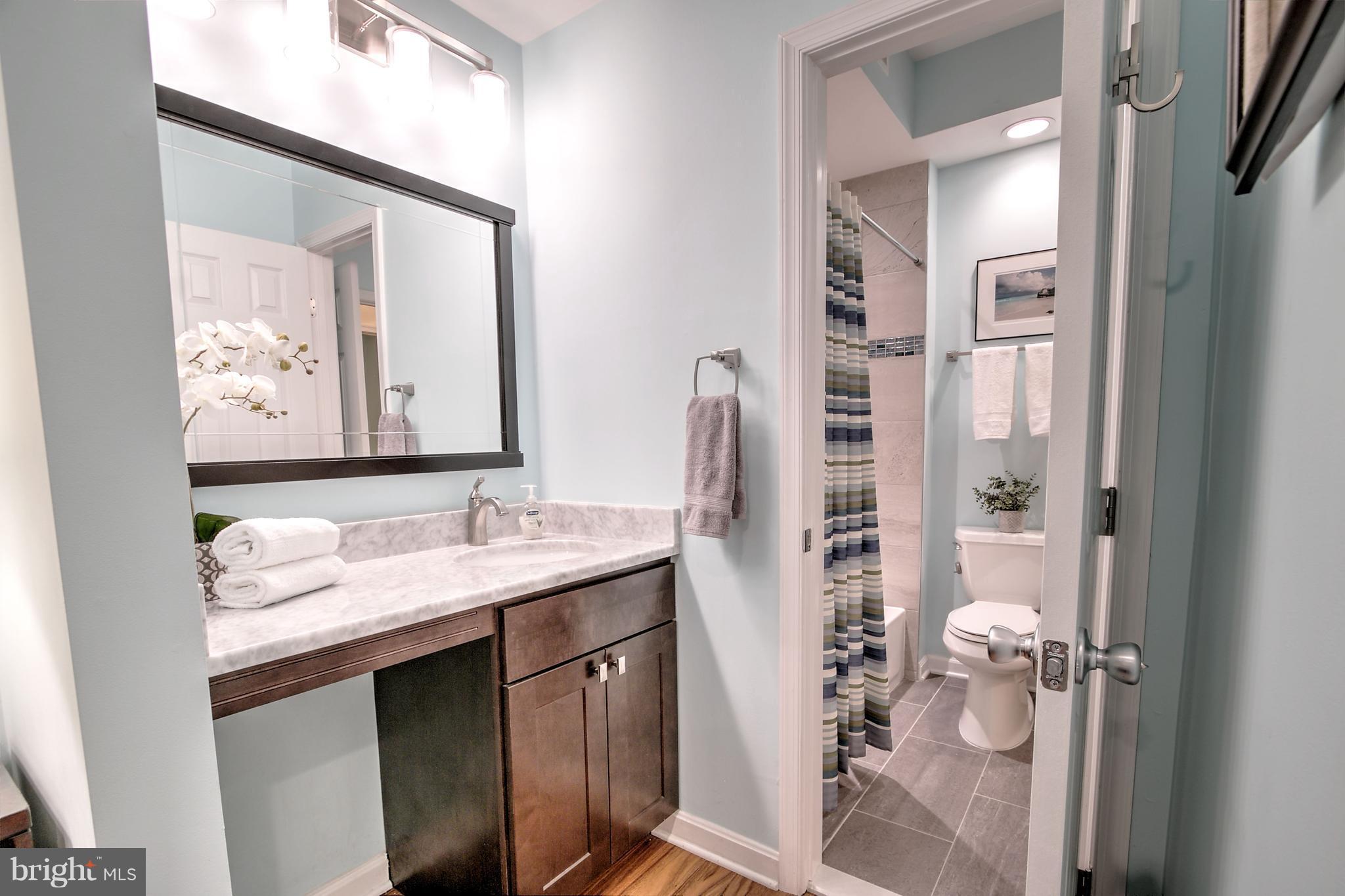 11315 Sundial Court, Unit 212 Reston, VA 20194 - Photo 11 of 18 a bathroom with a granite countertop sink a mirror and shower