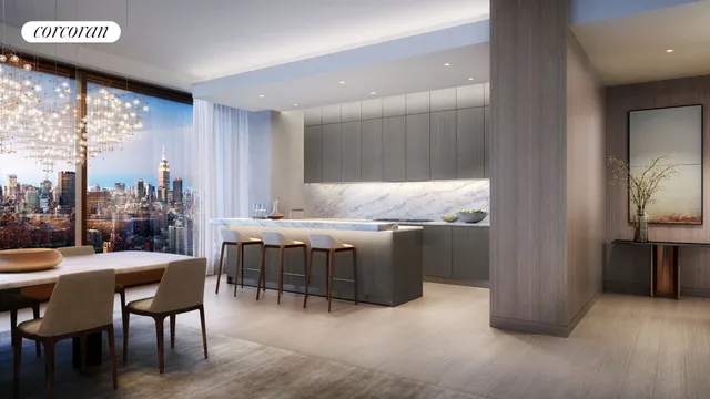 a large white kitchen with a large window