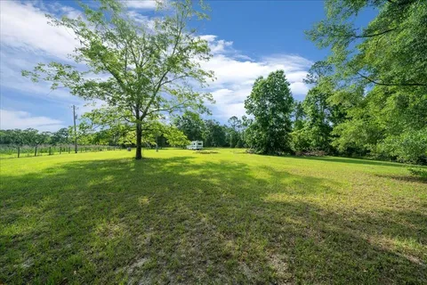 a view of a field with tree in the background