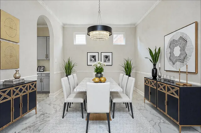 a dining room with furniture and window