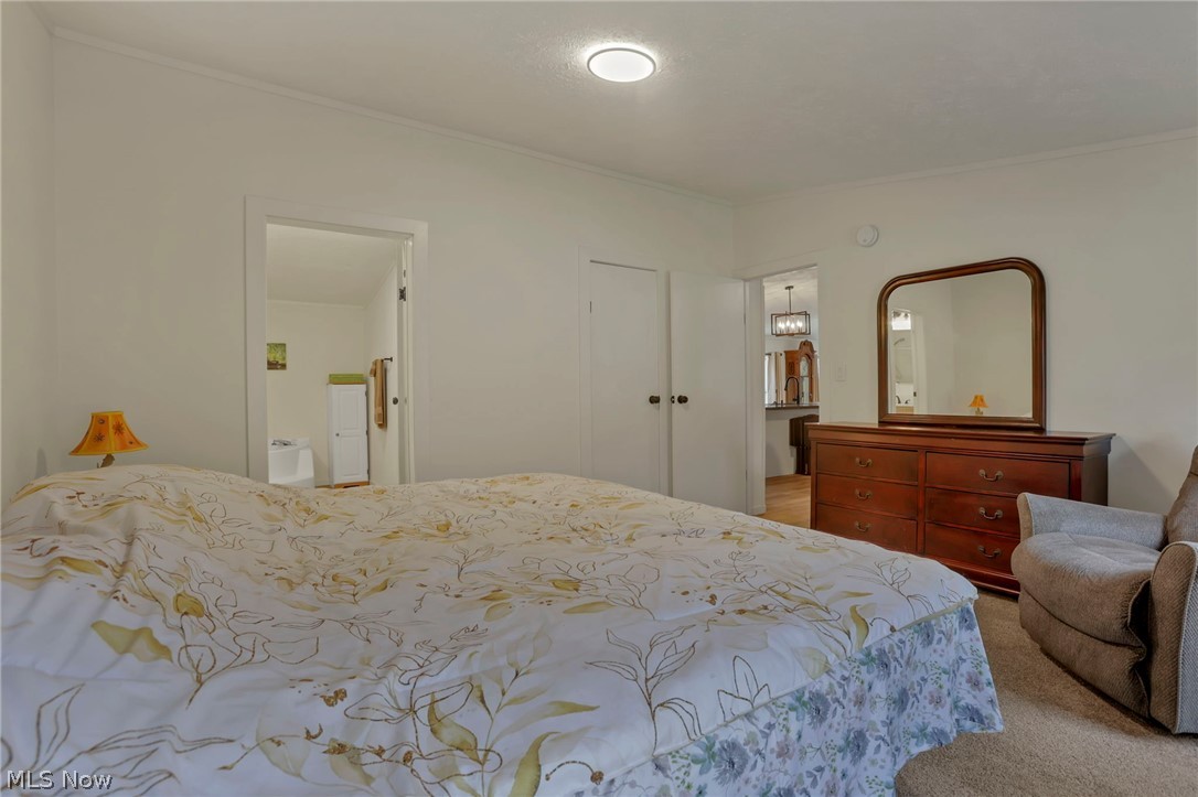 3750 Cannelville Road Roseville, OH 43777 - Photo 11 of 33 Bedroom with ensuite bathroom, light colored carpet, and crown molding