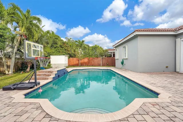 a view of a backyard with a swimming pool