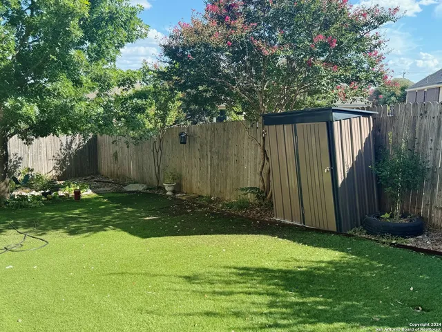 a view of backyard with potted plants and large tree