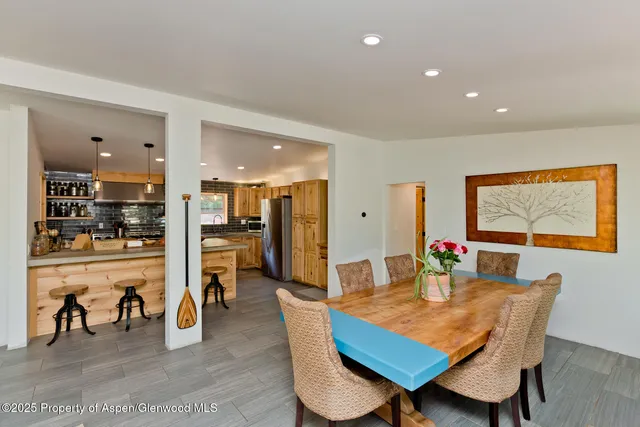 a view of a dining room with furniture