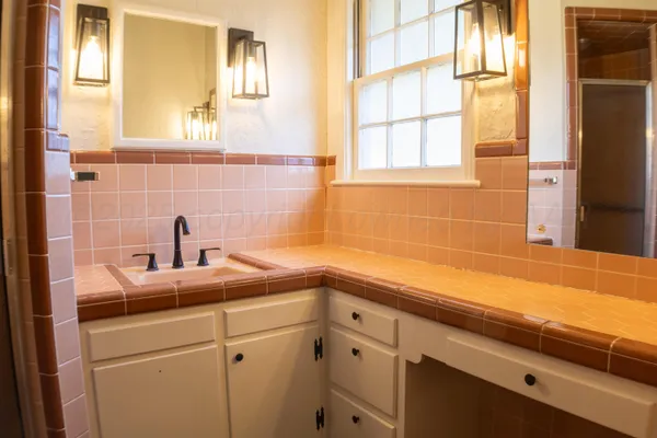 a bathroom with a sink and a mirror