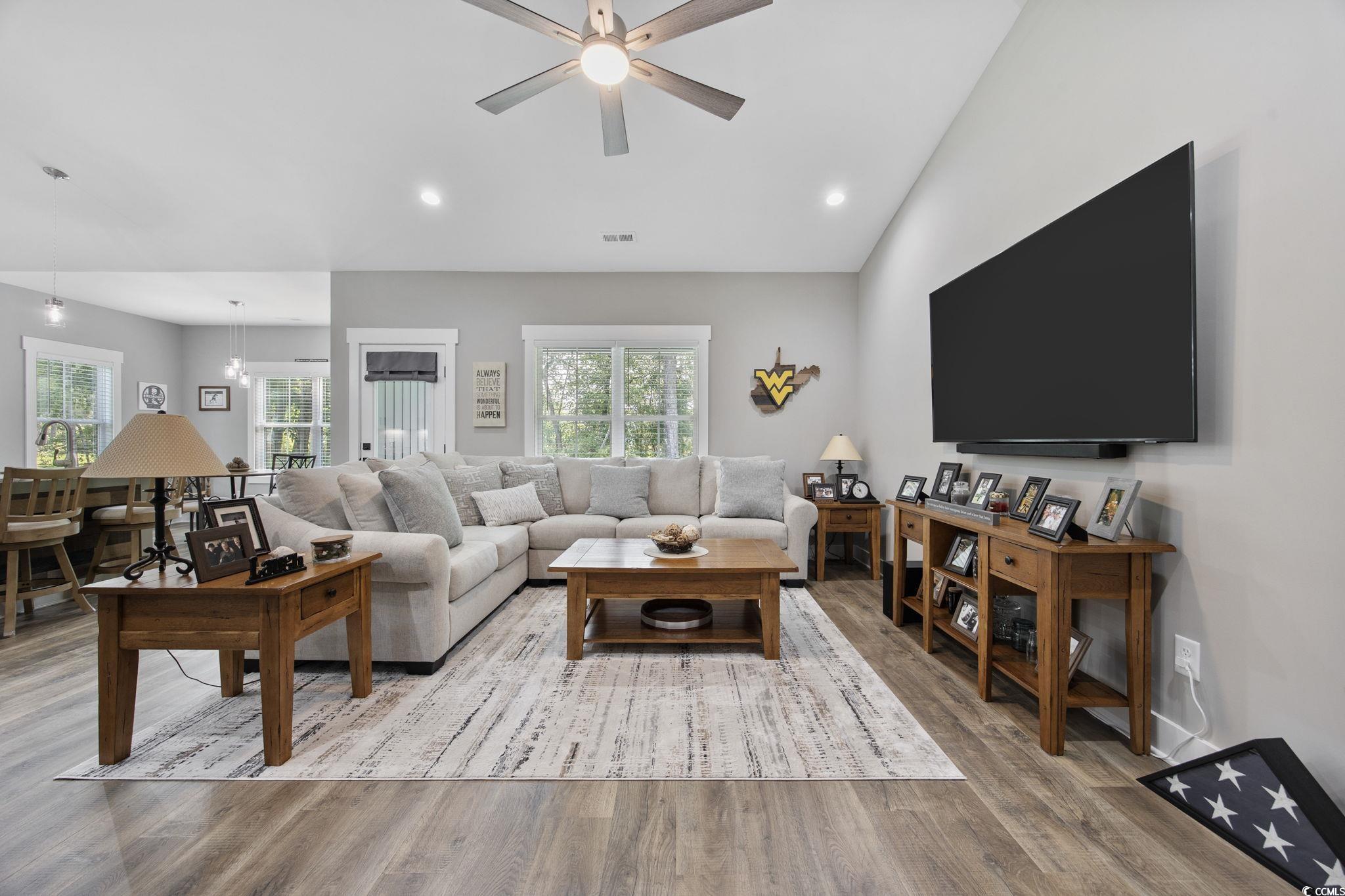 4446 Boggy Road Conway, SC 29526 - Photo 3 of 25 Living room featuring ceiling fan, wood finished floors, plenty of natural light, vaulted ceiling, and recessed lighting