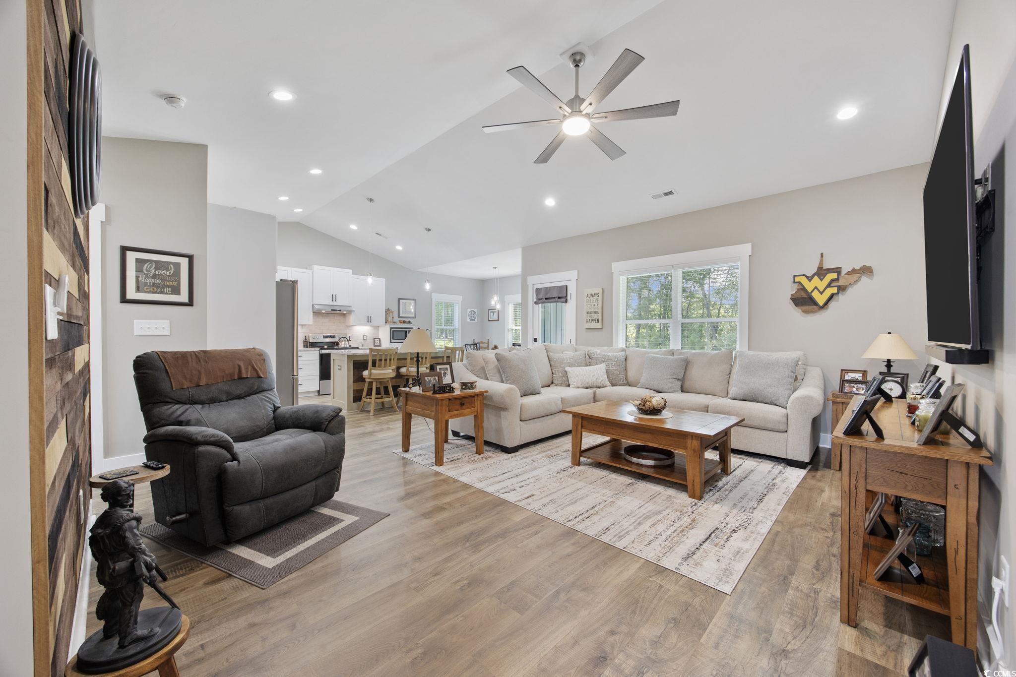 4446 Boggy Road Conway, SC 29526 - Photo 7 of 25 Living room featuring lofted ceiling, light wood-style floors, a ceiling fan, and recessed lighting