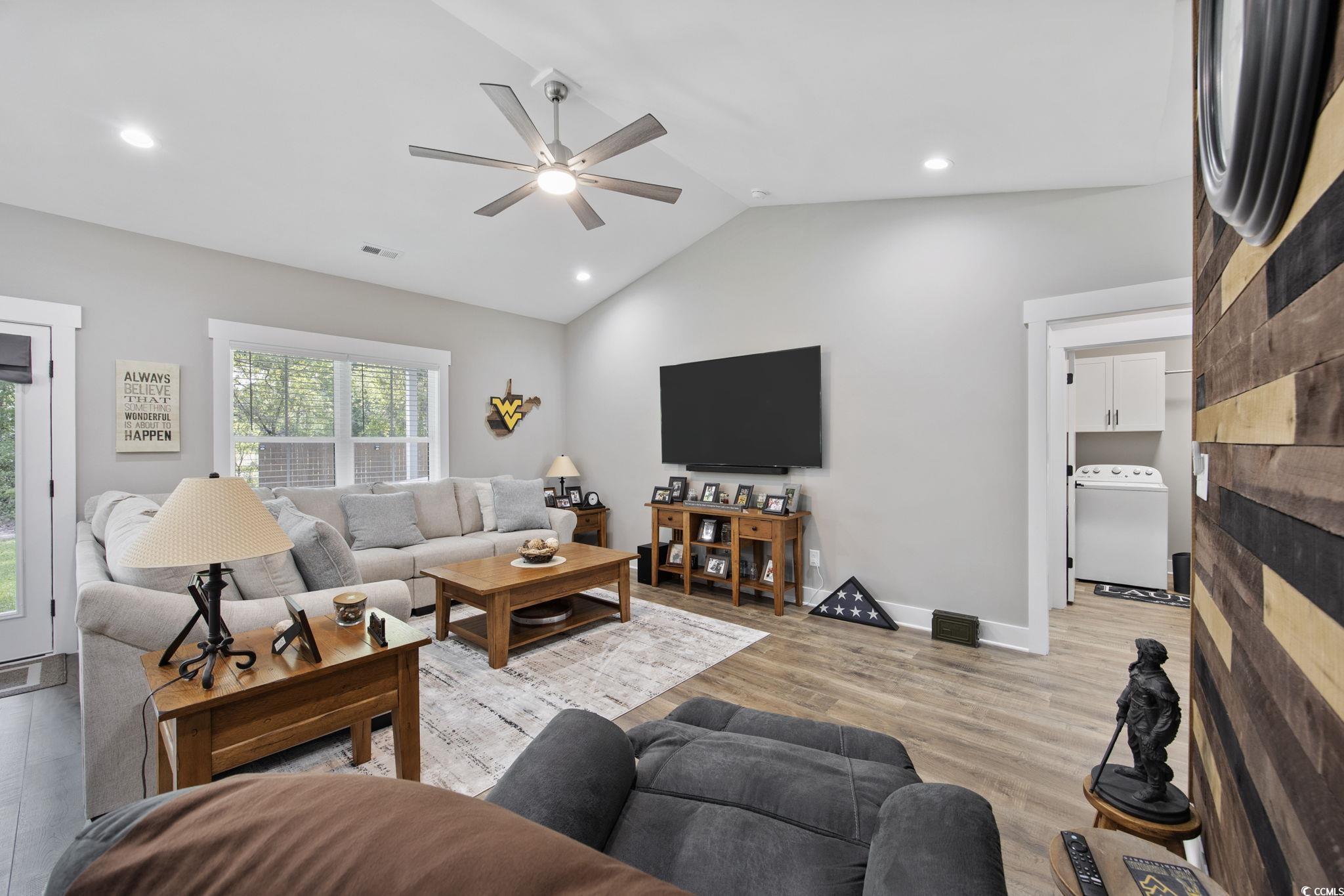 4446 Boggy Road Conway, SC 29526 - Photo 8 of 25 Living area with washer / clothes dryer, a ceiling fan, vaulted ceiling, recessed lighting, and light wood finished floors