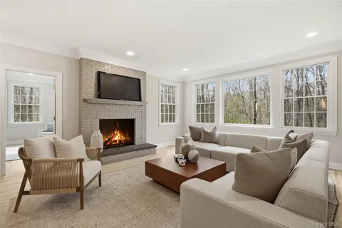 a living room with furniture fireplace and window