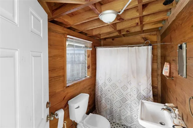 a bathroom with a shower and a toilet