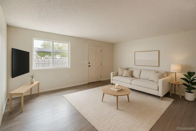 a living room with furniture a flat screen tv and a large window