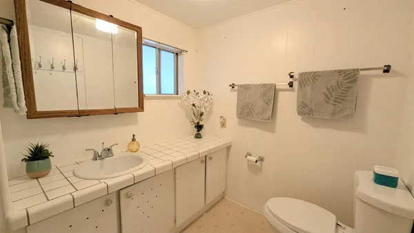a bathroom with a sink a toilet and mirror