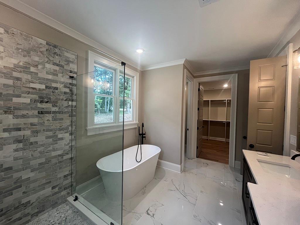 2226 Upper Burris Road Ball Ground, GA 30107 - Photo 17 of 65 a bathroom with a granite countertop sink a toilet a mirror and tub