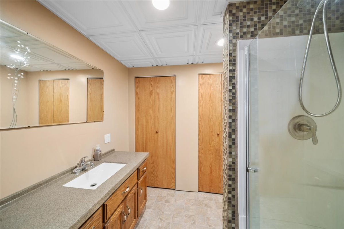 2 Division Street Bristol, IL 60512 - Photo 29 of 44 a bathroom with a granite countertop sink a mirror and a shower