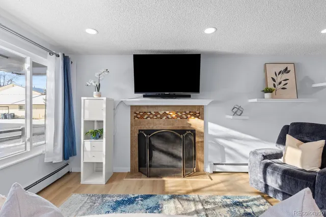 a living room with furniture a flat screen tv and a fireplace