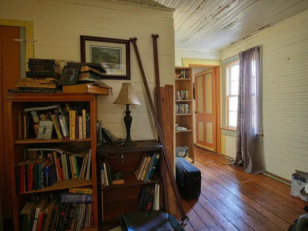 a backyard of a house with a large tree
