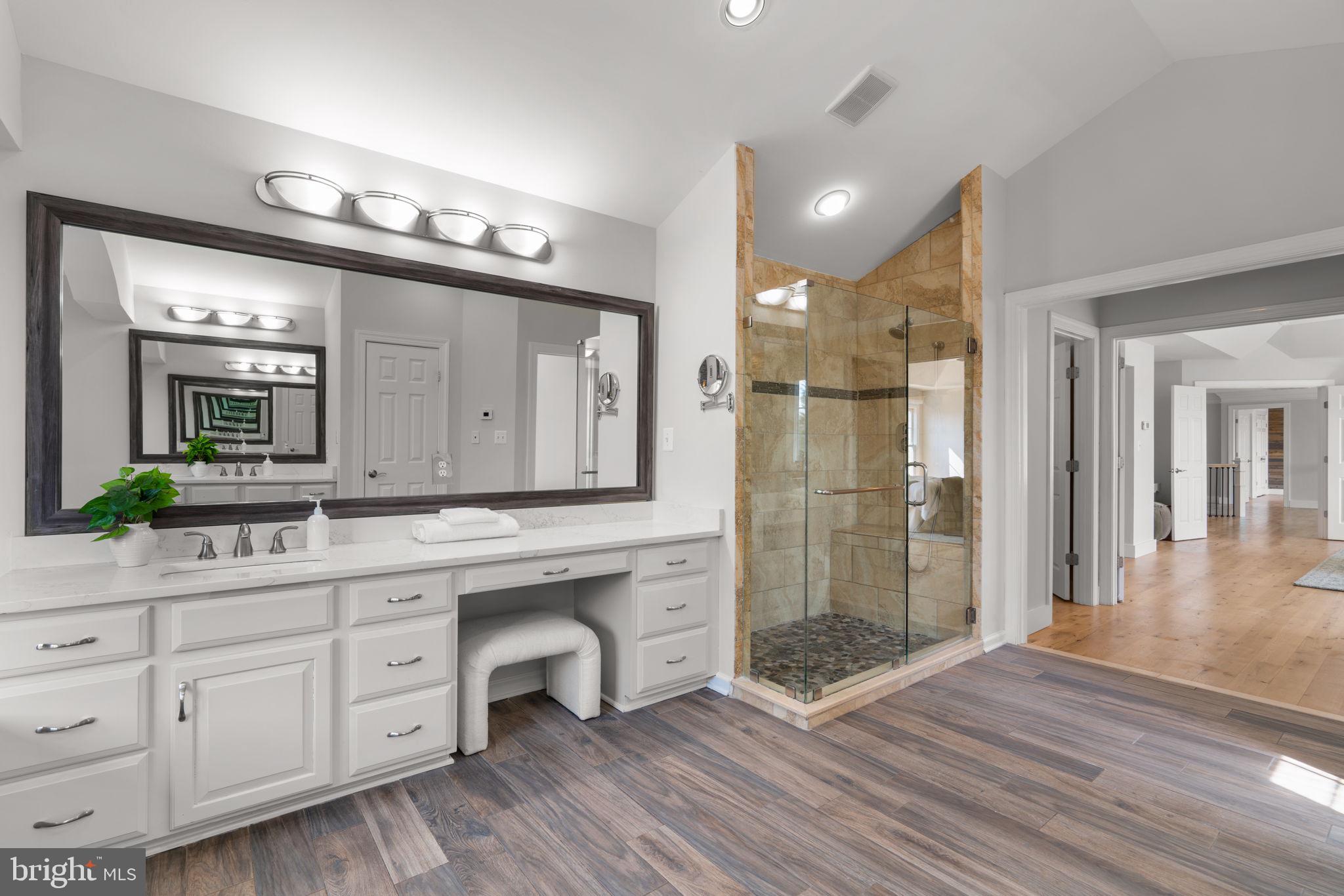 25114 Vista Ridge Road Laytonsville, MD 20882 - Photo 43 of 97 a spacious bathroom with a granite countertop sink mirror and shower