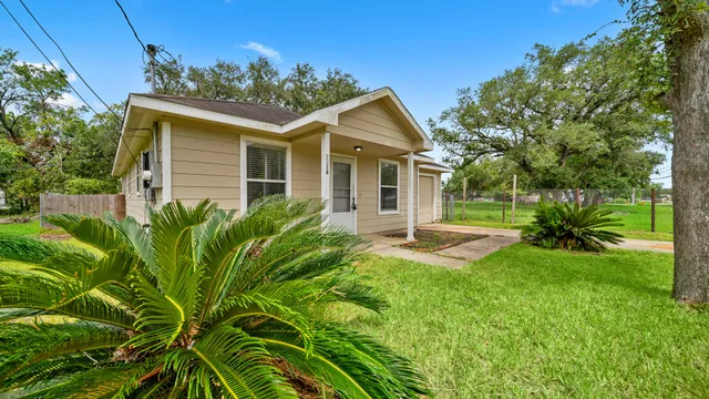 a view of a house with backyard and a tree