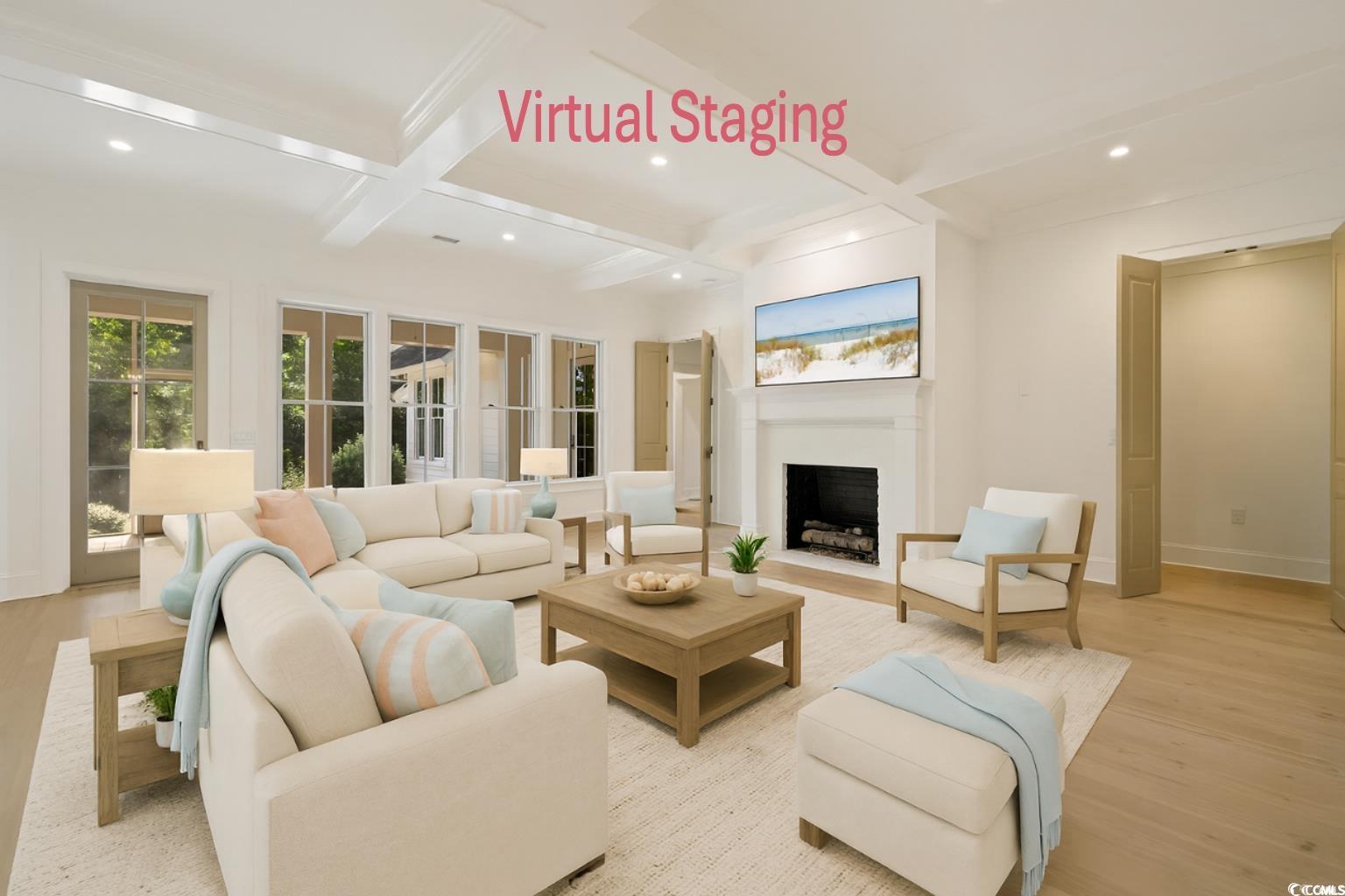 563 Lantana Circle Georgetown, SC 29440 - Photo 6 of 40 Living room featuring coffered ceiling, beam ceiling, light wood-style floors, a fireplace with flush hearth, and recessed lighting