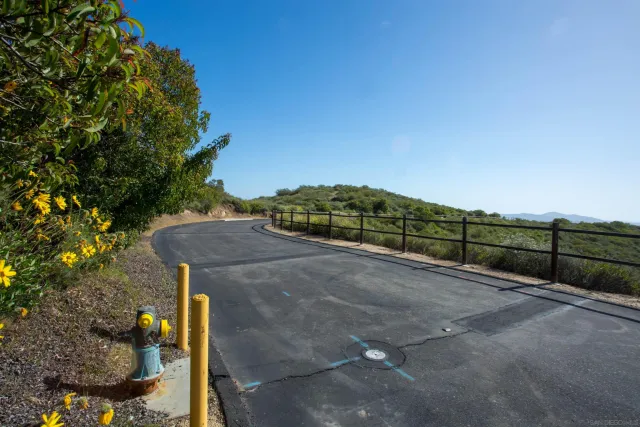 a view of a dry yard with mountains in the background