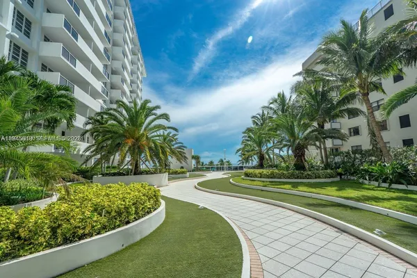 a view of a garden and palm trees