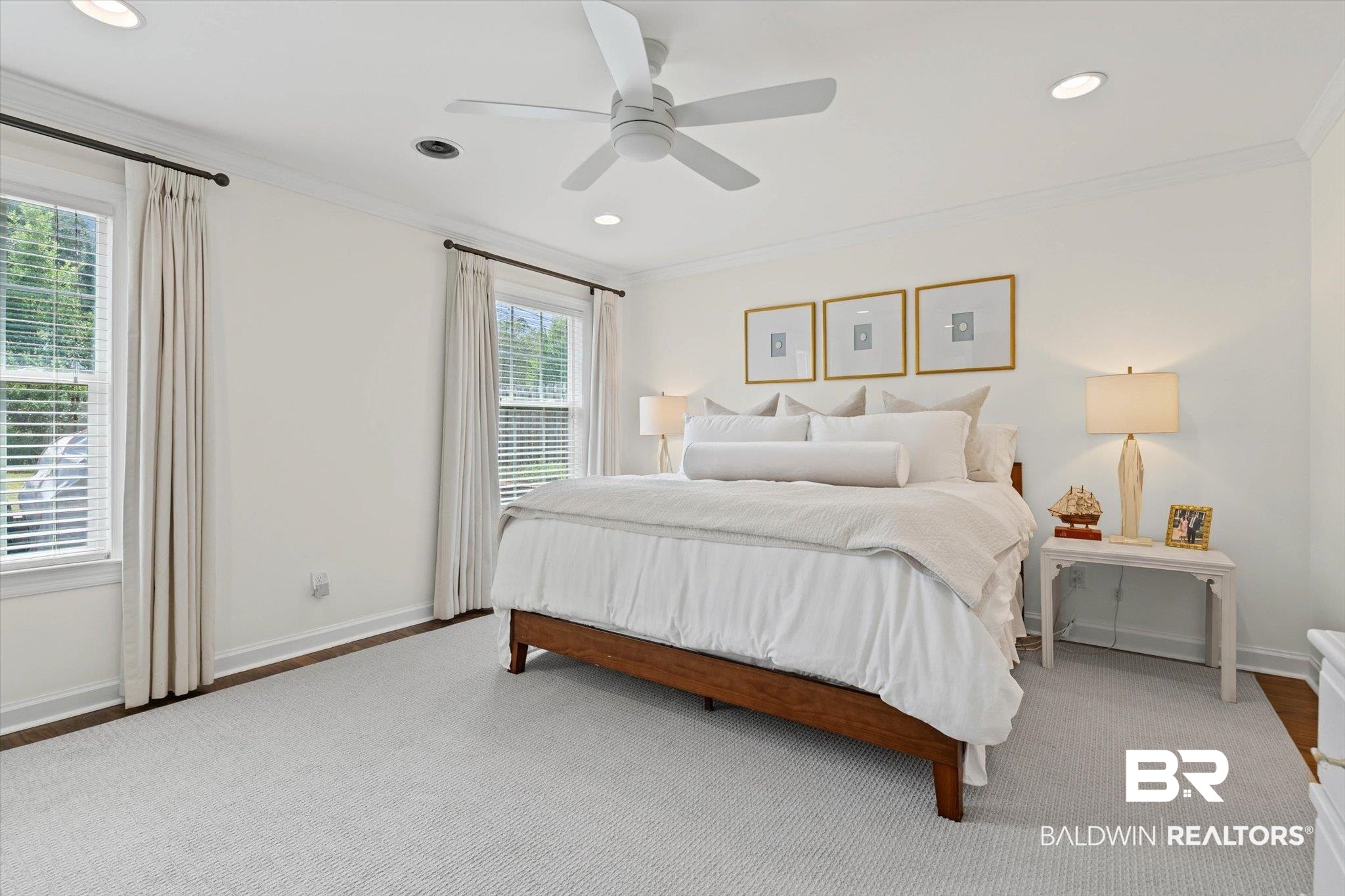 77 North Hathaway Road Mobile, AL 36608 - Photo 15 of 33 Carpeted bedroom featuring crown molding, a ceiling fan, and recessed lighting