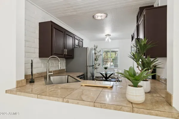 a kitchen with a potted plant on the counter and a glass door