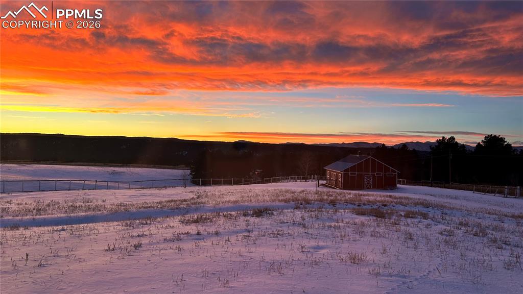 585 Mills Ranch Road Woodland Park, CO 80863 - Photo 16 of 46 Winter Snowy yard featuring an outbuilding