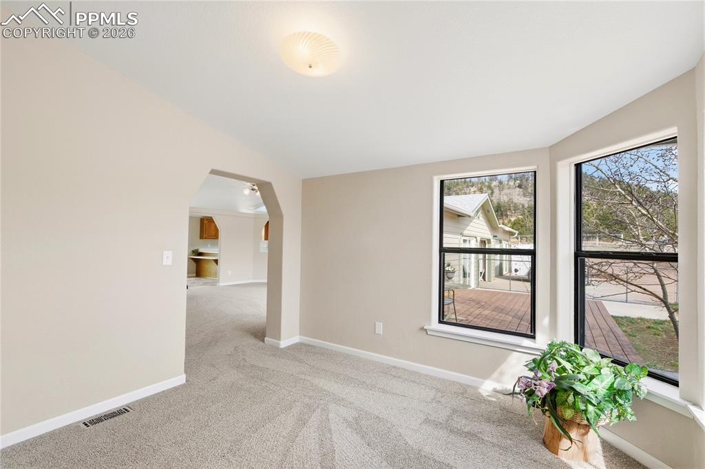 585 Mills Ranch Road Woodland Park, CO 80863 - Photo 30 of 46 Empty room featuring light colored carpet, arched walkways, and vaulted ceiling