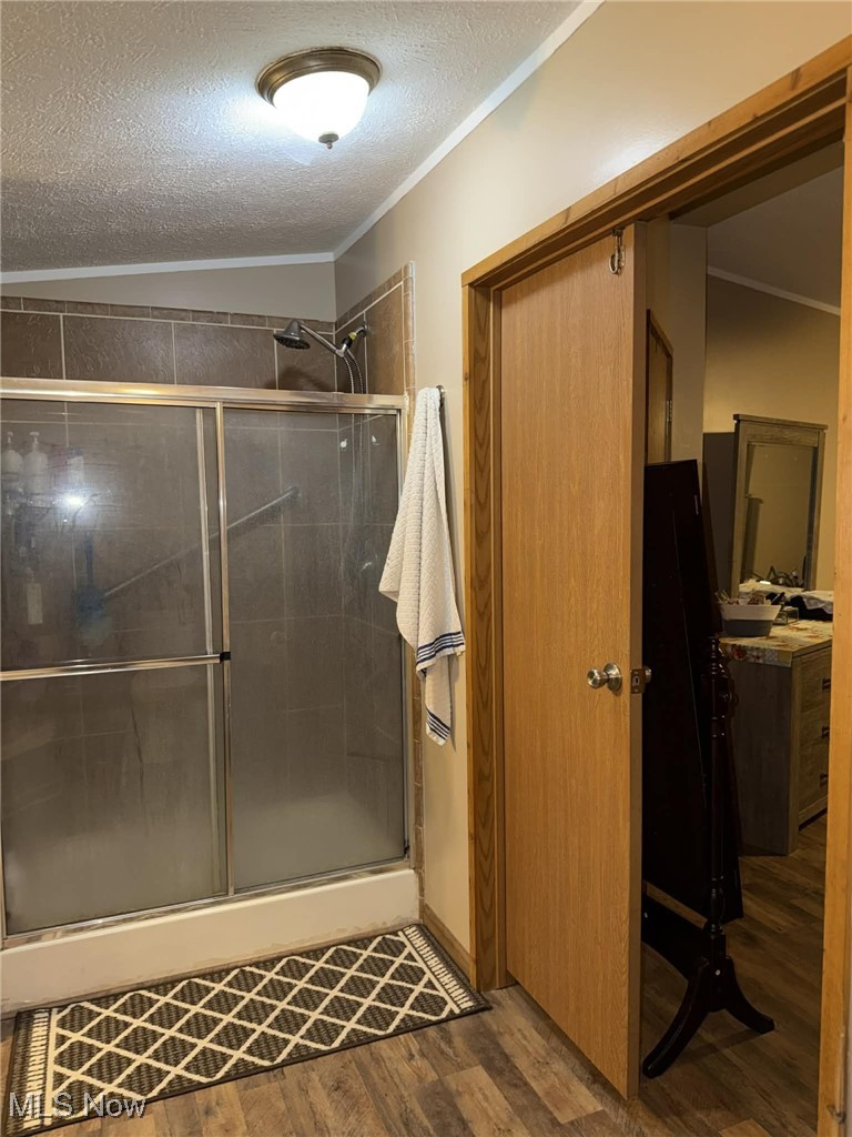 56 3rd Street Rayland, OH 43943 - Photo 29 of 46 Bathroom with lofted ceiling, a shower stall, wood finished floors, and a textured ceiling