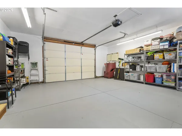 a view of a garage with storage