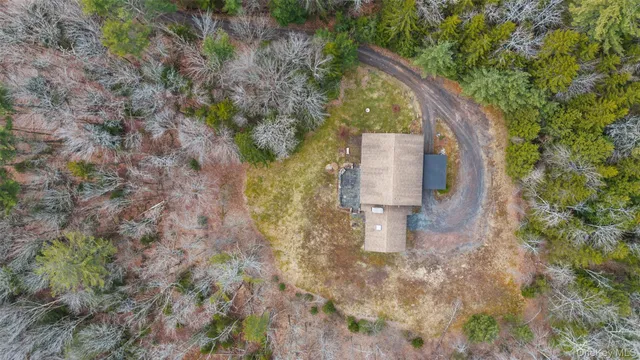 a aerial view of a house with a yard and large tree
