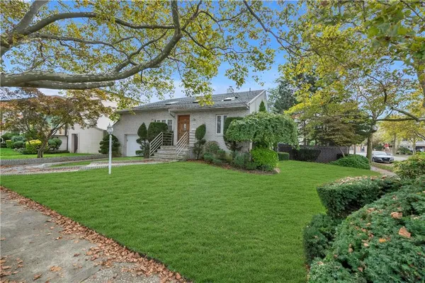 a backyard of a house with plants and large tree