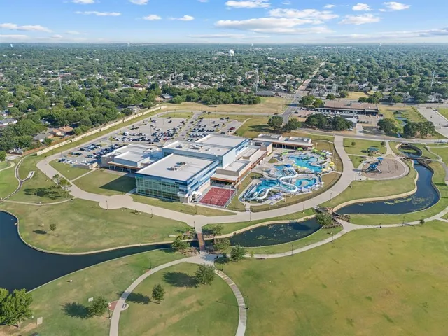 an aerial view of a swimming pool