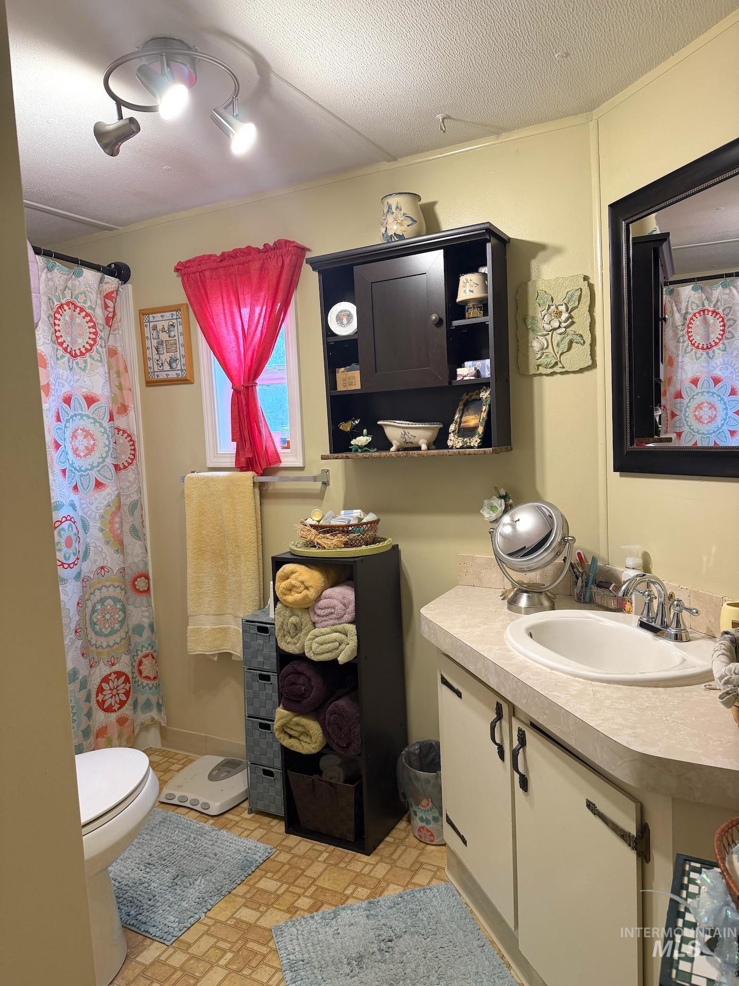 4325 Lenville Road, Unit 44 Moscow, ID 83843 - Photo 14 of 20 Bathroom featuring a shower with curtain, vanity, and a textured ceiling