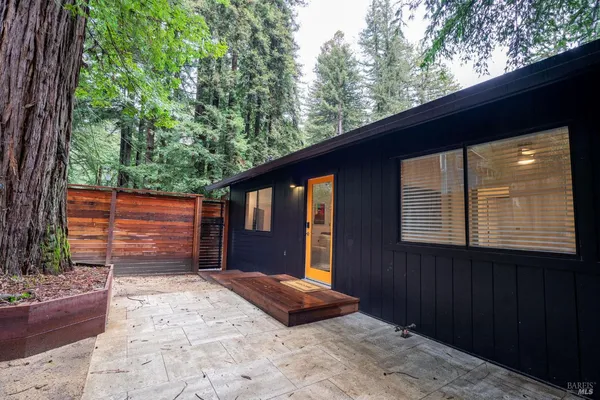 a backyard of a house with large trees and wooden fence