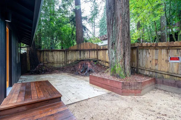 a view of a backyard with plants and outdoor seating