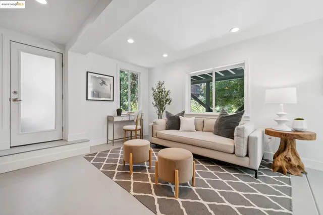 a living room with furniture potted plant and a window